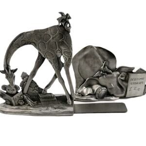 Whimsical Vtg 90s Etain Zinn Seagull Pewter Giraffe Elephant Storytime Bookends